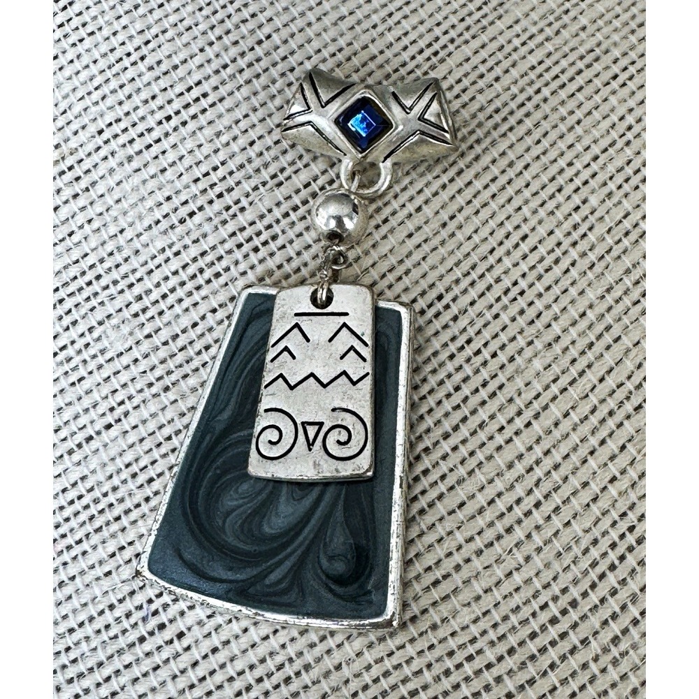 Kenneth Cole Signed Silver Tone Pendant Blue Crystal Green Enamel Bold VTG
